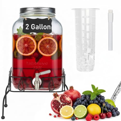 2 Gallon Glass Drink Dispenser with Stand, Ice Cylinder,Stainless Steel Leakproof Spigot and Lid,Glass Beverage Dispenser ...