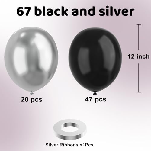 Black and Silver Balloons, 67pcs 12 Inch Metallic Chrome Silver and Black Balloons for Birthday, Baby Shower, Wedding, and...
