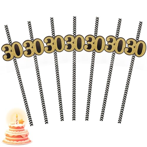 NIEITRK 24PCS Black Gold 30st Birthday Card Straws, Biodegradable Paper Straws with Number 30 for Bar Drinks, Milestone Ce...