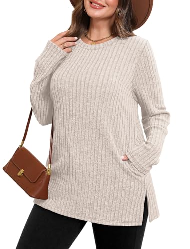 SAMPEEL Womens Sweaters Crewneck Long Sleeve Shirts with Pockets Fall Outfits 2025 Fashion Winter Clothing Side Slit