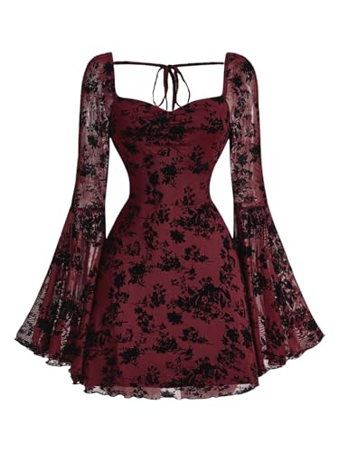 WDIRARA Women's Floral Jacquard Mesh Gothic Dress Bell Long Sleeve A Line Vintage Dresses