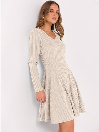 ANRABESS Women Long Sleeve Ribbed Knit Short Dresses 2026 Spring V Neck Casual Swing A Line Sweater Dress