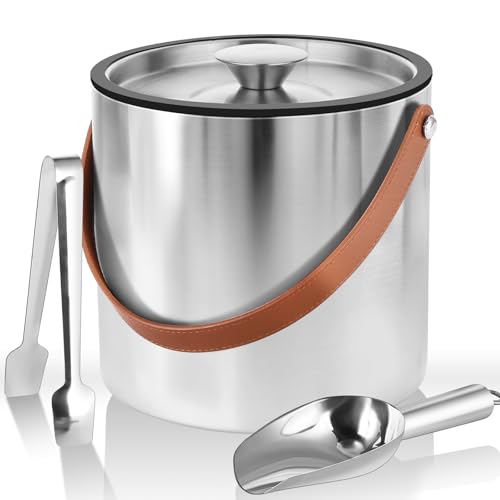 Bakpoco Double-Wall Vacuum Insulated Ice Bucket with Lid, Scoop, Ice Tong, Strainer & Leather Handle Keep Ice Frozen Longe...