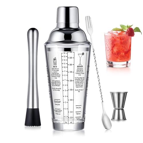 OBALY Glass Cocktail Shaker Stainless Steel Leak-Proof Lid Boston Shaker Martini Shaker Beginner Bartender Kit with Jigger...