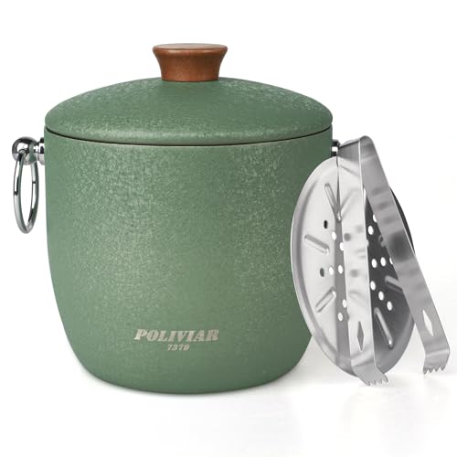 POLIVIAR Ice Bucket, 2.5L Double Wall Ice Bucket with Lid, Stainless Steel Ice Bucket with Tong & Strainer, Ice Bucket for...