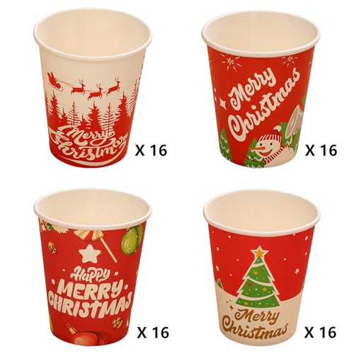 ZynoQuark 64 PACK Christmas Cups Disposable, 9 oz Paper Cups Holiday Winter Style Designs for Hot Chocolate Coffee & Tea, ...