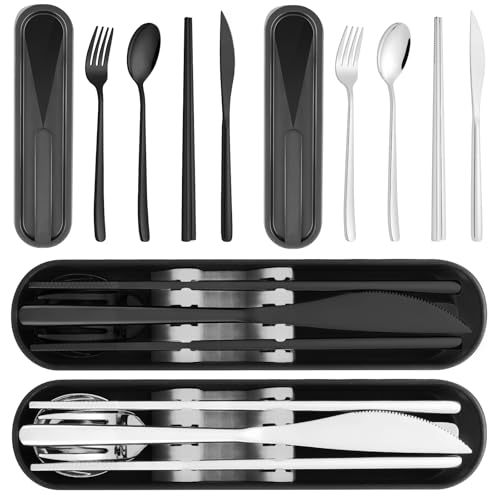 Travel Utensils with Case, PHILIPALA 2 Sets 18/8 Stainless Steel Reusable Utensils Set with Case, Travel Cutlery Set with ...
