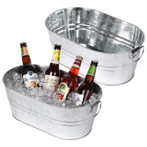Galvanized Tub Beverage Tubs, 2pcs Metal Ice Buckets for Cocktail Bar 3 Gallon Wine Beer Drink Buckets with Handles Large ...