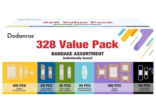 Dodanros Variety Bandages Pack,328ct Assorted Bulk Various Sizes, Shapes &Features | Sheer & Flex Fabric with Benzalkoniu...