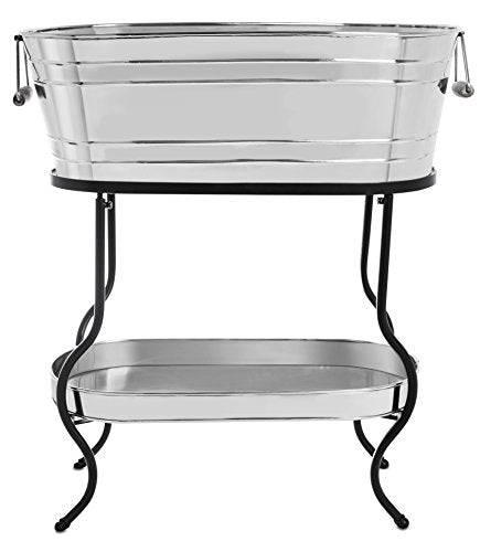 BIRDROCK Home Stainless Steel Beverage Tub with Stand - Bottom Tray - Ice Bucket - Party Drink Holder - Wooden Handles - O...