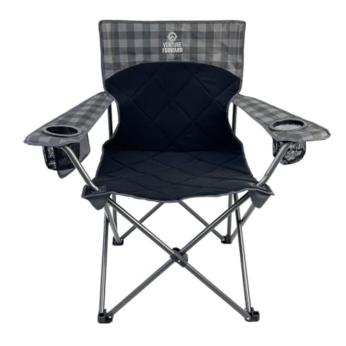 Venture Forward Quilted Quad Camping Chair with Carry Bag – Padded Folding Outdoor Chair with Armrests & Built-in Cup Hold...