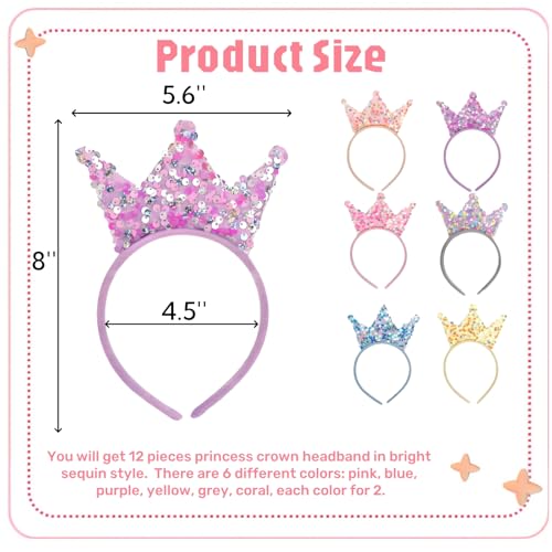 Acshio 12 Pack Princess Crown Headband, Glitter Sequin Crown Headband, Shiny Tiaras and Crowns Hair Accessories for Birthd...