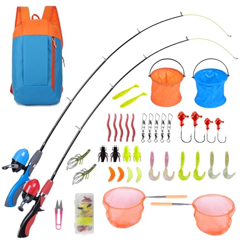Urban Deco Kids Fishing Pole Kit 2 Pack, Portable Telescopic Kids Fishing Rod with Tackle Box, 2 Fishing Net and 2 Bucket ...