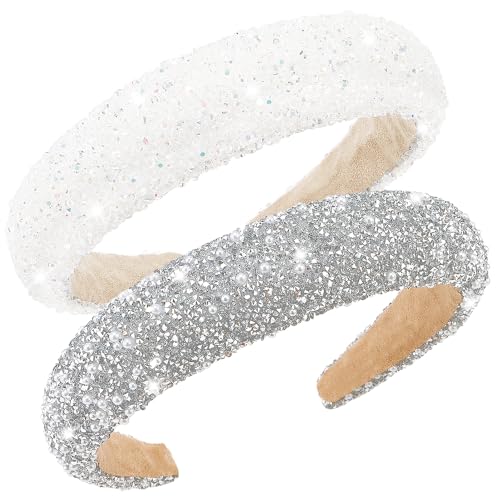 AHONEY 2 Pack Rhinestone Headband for Women Girls, Glitter Sequin Beaded Pearls Padded Headbands for Women Prom Wedding Sp...