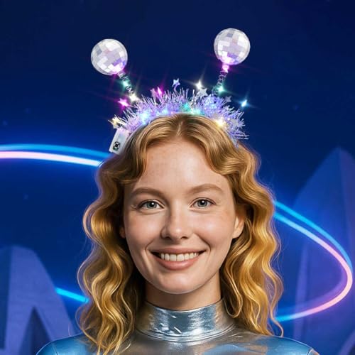 DRESBE Light Up Alien Headband Silver LED Disco Ball Headbands Glow Party Hair Accessories for Women