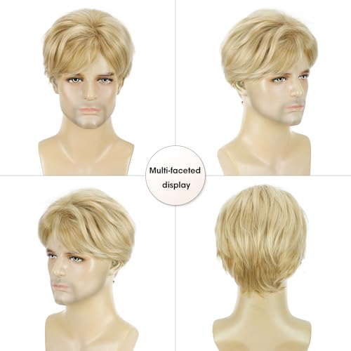 YYHR Mens Blonde Wig Short Layered Natural Fluffy Wig Synthetic Male Guy Daily Wear Anime Costume Halloween Cosplay Party
