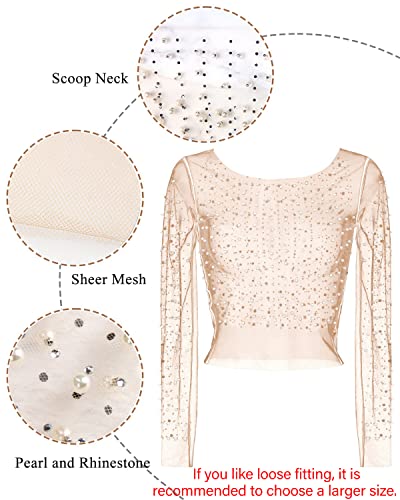Women's Pearl Rhinestone See Through Long Sleeve Mesh Blouse One Piece Cover Up Halloween Festival Crop Top
