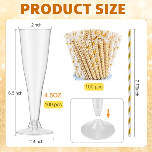 Remerry 200 Pcs Plastic Champagne Flutes 4.5 oz Clear Disposable Champagne Toasting Glass with Gold Paper Straws, Mimosa C...