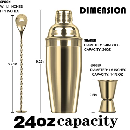 Tiawudi Large 24oz Cocktail Shaker Set, Stainless Steel 18/8 Martini Mixer Shaker with Built-in Strainer, Measuring Jigger...