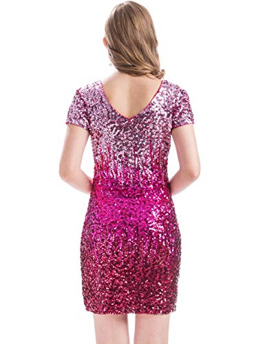 MANER Women's Sequin Glitter Short Sleeve Dress Sexy V Neck Mini Party Club Bodycon Dresses