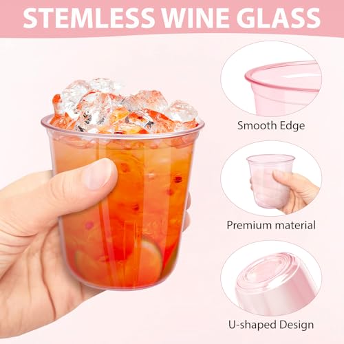 GGOLDMER 50 PCS Pink Plastic Cups - 12oz Disposable Stemless Wine Glasses, Clear Pink Cocktail Party Cups for Valentine's ...