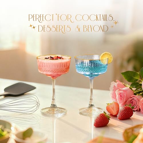 VIMERPA Coupe Glasses, Gold Rim Martini Coupe Glasses Set of 4, 8 oz Classic Cocktail Glassware - Champagne, Manhattan, Co...
