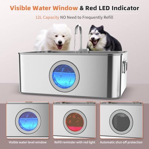 12L/3.2Gal Dog Water Fountain Stainless Steel with Silicone Mat & 3 Set Filters, DYSJ01 Dog Fountain Water Bowl for Large ...