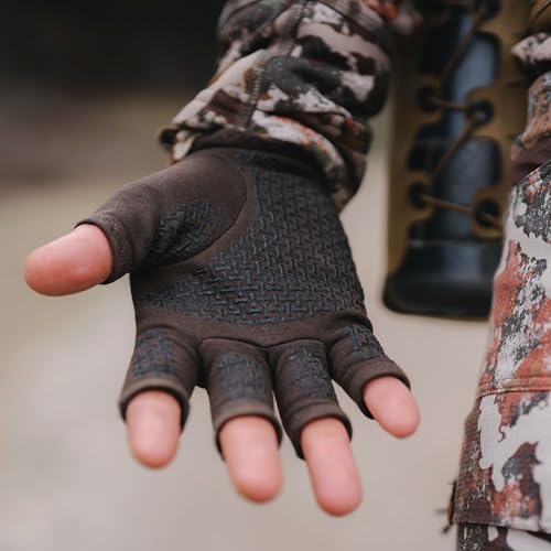 First Lite Rugged Wool Half Finger Glove - Merino Wool Hunting Gloves with Silicone Grip Palm for Shooting Dexterity