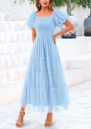 PRETTYGARDEN Women's Smocked Midi Tulle Dress 2026 Summer Puffy Short Sleeve Square Neck Ruffle Wedding Guest Party Dresses