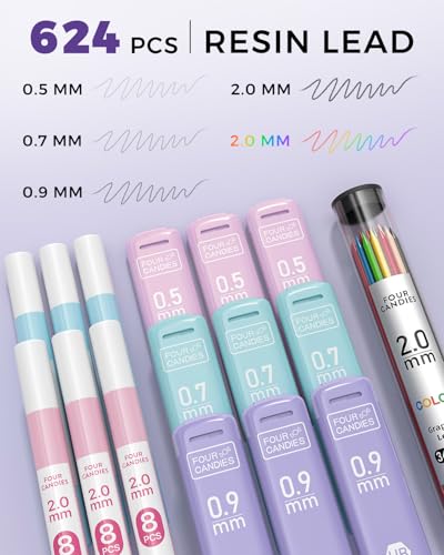 Four Candies 36PCS Aesthetic School Supplies, Mechanical Pencils 0.5mm, 0.7mm, 0.9mm & 2.0mm with 624PCS Lead Refills, Cut...