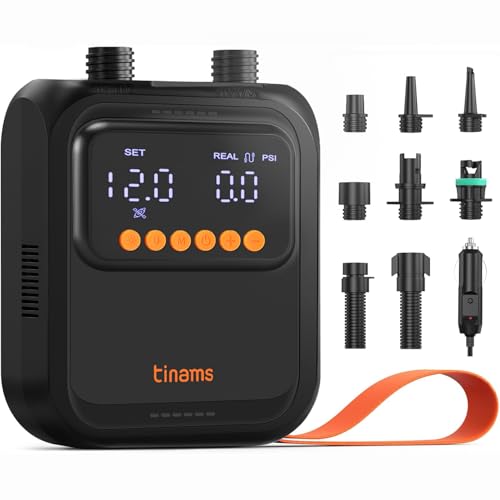 tinams 20PSI High-Pressure Electric SUP Pump, 12V Car-Powered Auto Shut-Off Air Pump, Ultra-Lightweight for Paddle Boards,...