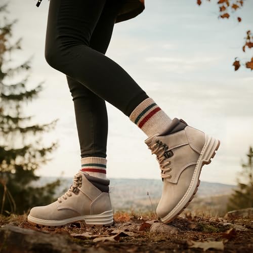 ANJOUFEMME Womens Comfy Outdoor Hiking Boots-Low heels Combat Ankle Boots for Women Non Slip Lace up Winter Shoes for Back...