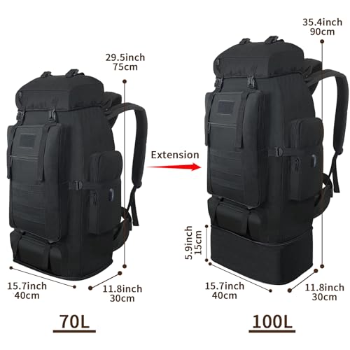 Vaupan 70L/100L Hiking Backpack with USB Charging Port, Expandable Large Military Tactical Backpack, Waterproof MOLLE Ruck...