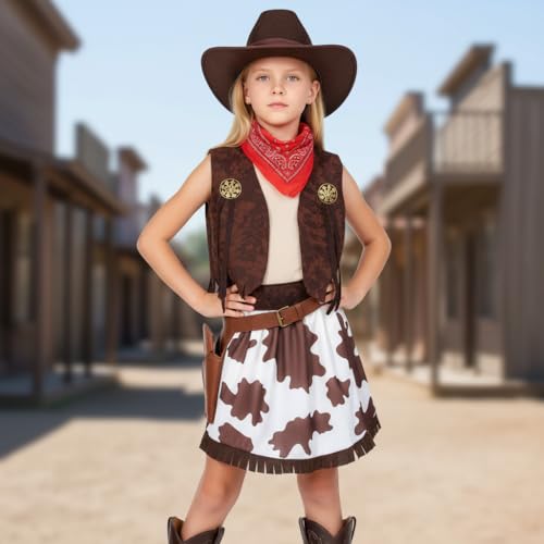 Cowgirl Costume for Girls 6pcs Set Kids Dress Up Birthday Halloween Party Cosplay 3-13 Years