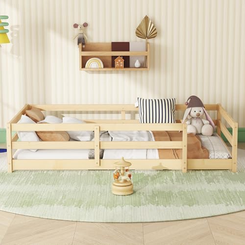 OYN Twin Floor Bed, Montessori Bed Frame with High Fence, Pine Wood Montessori Floor Bed for Kids, Girls, Boys, Natural
