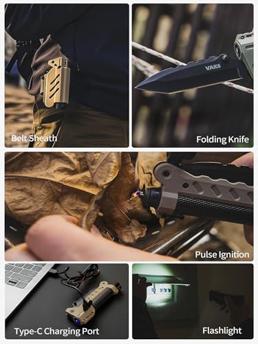 VIPERADE VAK6-S Survival Multitool with Folding Knife, LED Flashlight and Pulse Ignition, EDC Pocket Knife for men, Rechar...