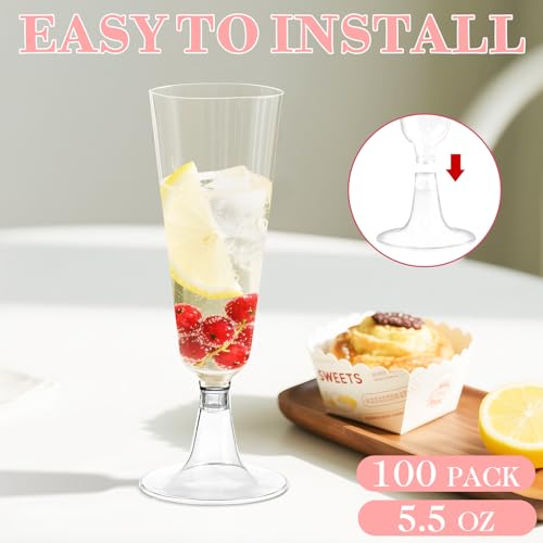 YUAN PLAN Plastic Champagne Flutes 100 Pack, 5.5OZ Disposable Champagne Glasses Clear Plastic Toasting Glasses for Weddin...