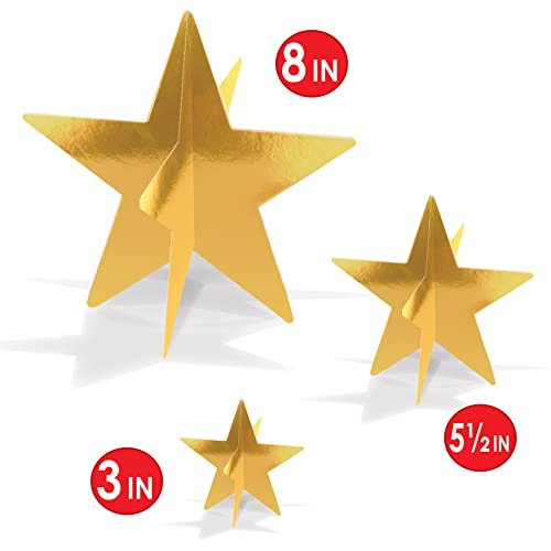 Beistle Gold 3-D Foil Star Centerpieces, 9-Count – Metallic Starry Table Decorations in 3 Sizes for New Year’s Eve, Awards...