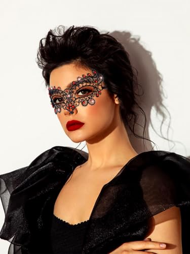 Tgirls Black Masquerade Mask for Women Rhinestone Lace Mask Costume Party