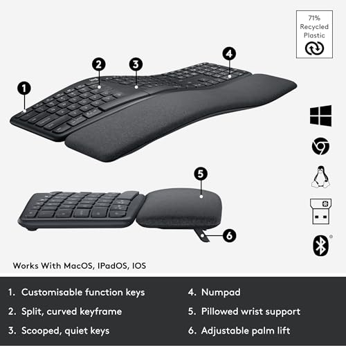 Logitech Ergo K860 Wireless Ergonomic Keyboard - Split Keyboard, Wrist Rest, Natural Typing, Stain-Resistant Fabric, Bluet...