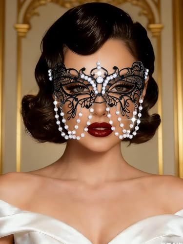 Flimire Pearl Masquerade Mask for Women Black Lace Masks Prom Costume Party Eye Mask Luxury Venetian Ball Mask