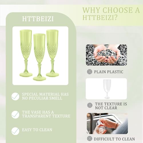 HTTBEIZI Light Green Champagne Flutes Set of 12 7oz, Plastic Reusable Glasses Cups Goblets Shatterproof Unbreakable, for V...