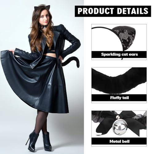 GAFATORY Black Cat Costume with Tail And Bell Collar Set Cat Ears for Women Cat Ears Costume for Halloween Cosplay Party