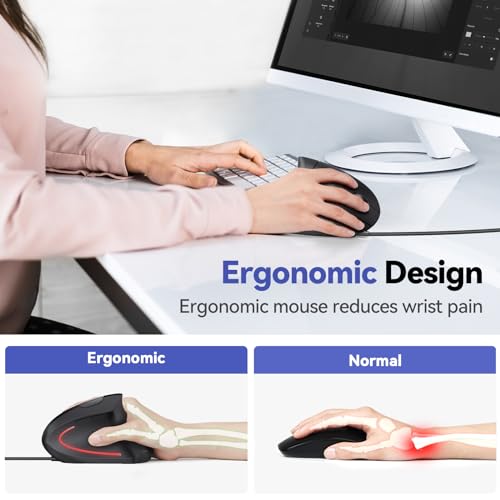 TECKNET Wired Mouse, 6400 DPI Ergonomic Mouse 6 Buttons Silent Mice 4 Adjustable DPI Vertical Mouse Compatible with Window...