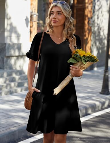 Zeagoo Summer Casual Dresses for Women A Line Sun Dress Ruffle Short Sleeve V Neck Floral Tshirt Dress with Pockets