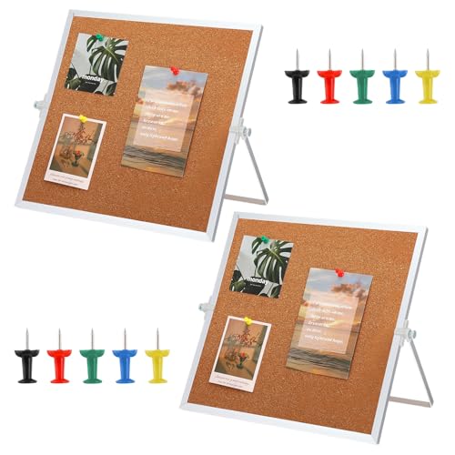 2 Pack Cork Bulletin Board, Double Sided Pin Boards with Silver Aluminum, Desktop Small Cork Boards with Stand Suitable fo...