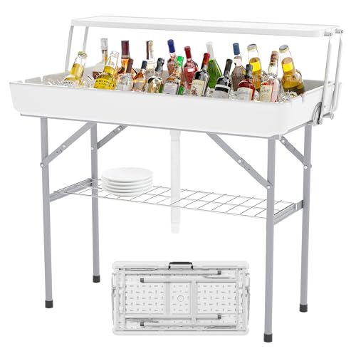 LHBcraft Outdoor Ice Cooler Folding Table with Extra Storage Shelf,Ice Tables for Parties with Drain,Cooler Server for Cam...