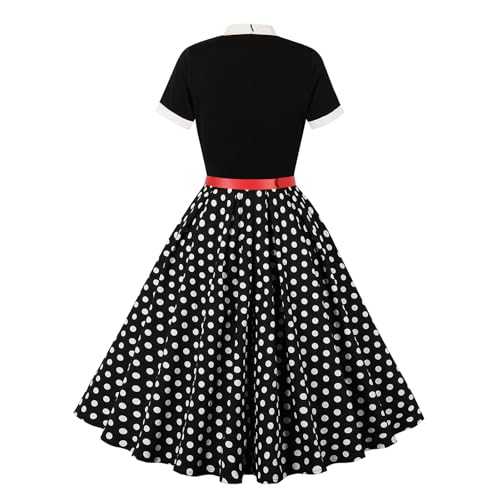 50s Style Dresses for Women Vintage Short Sleeve Tie Neck Swing Dress Midi Prom Dress with Belt