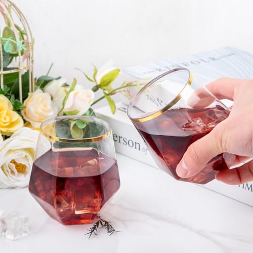 LUODA Gold Diamond Shaped Plastic Stemless Wine Glasses Set of 24, Disposable 12 Oz Gold Plastic Whiskey Glasses for Birth...