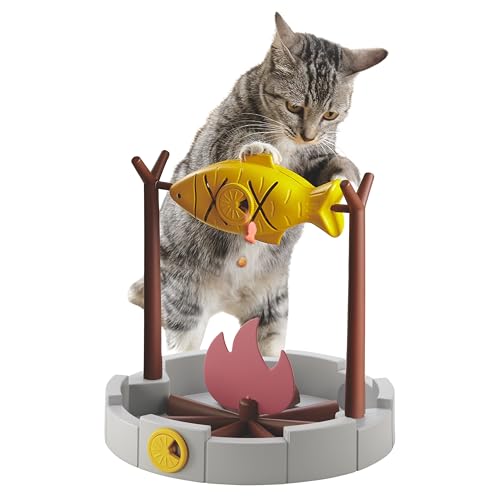 PetPals 11" High Cats Treat-Dispensing Slow Feeder,Pets Dry Food Dispenser,Cats Slow Feeding Snack Bowl, Grilled Fish Spin...